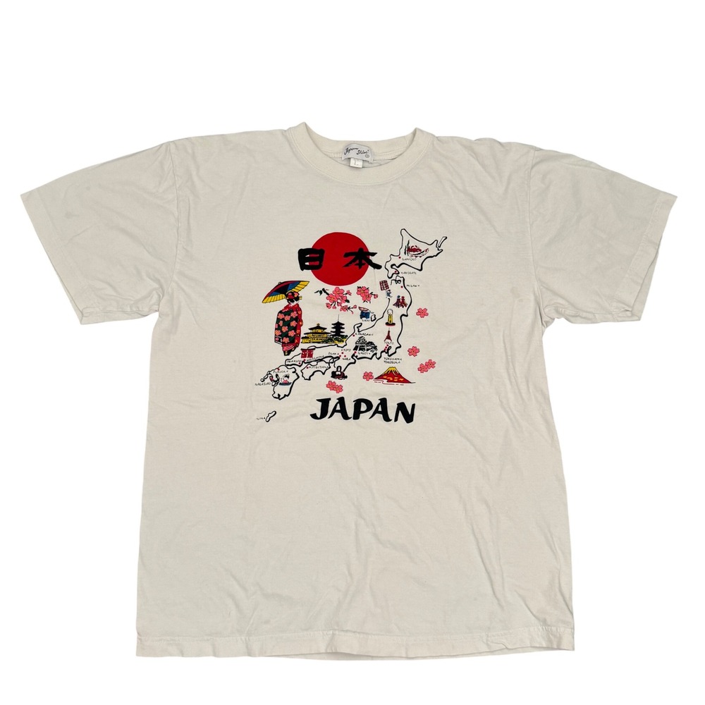 Japan Shine Souvenir Graphic T-Shirt White Map Geisha Cherry Blossom Large 0156